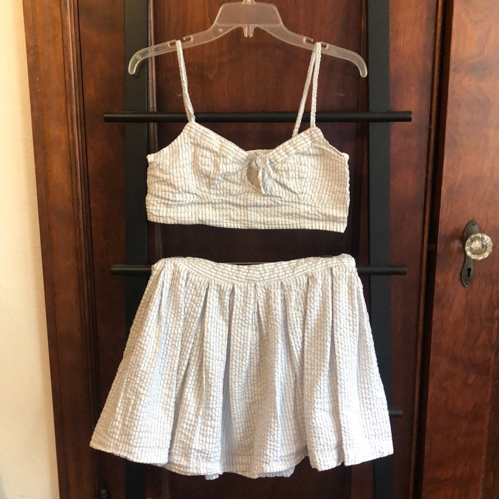 Urban Outfitters Seersucker White and Blue Stripe Skirt and Top Set